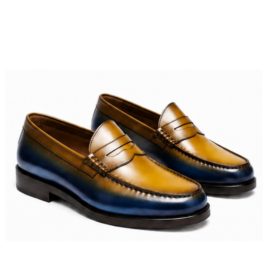 The Monaco - Navy & Caramel Hand-Painted Penny Loafer