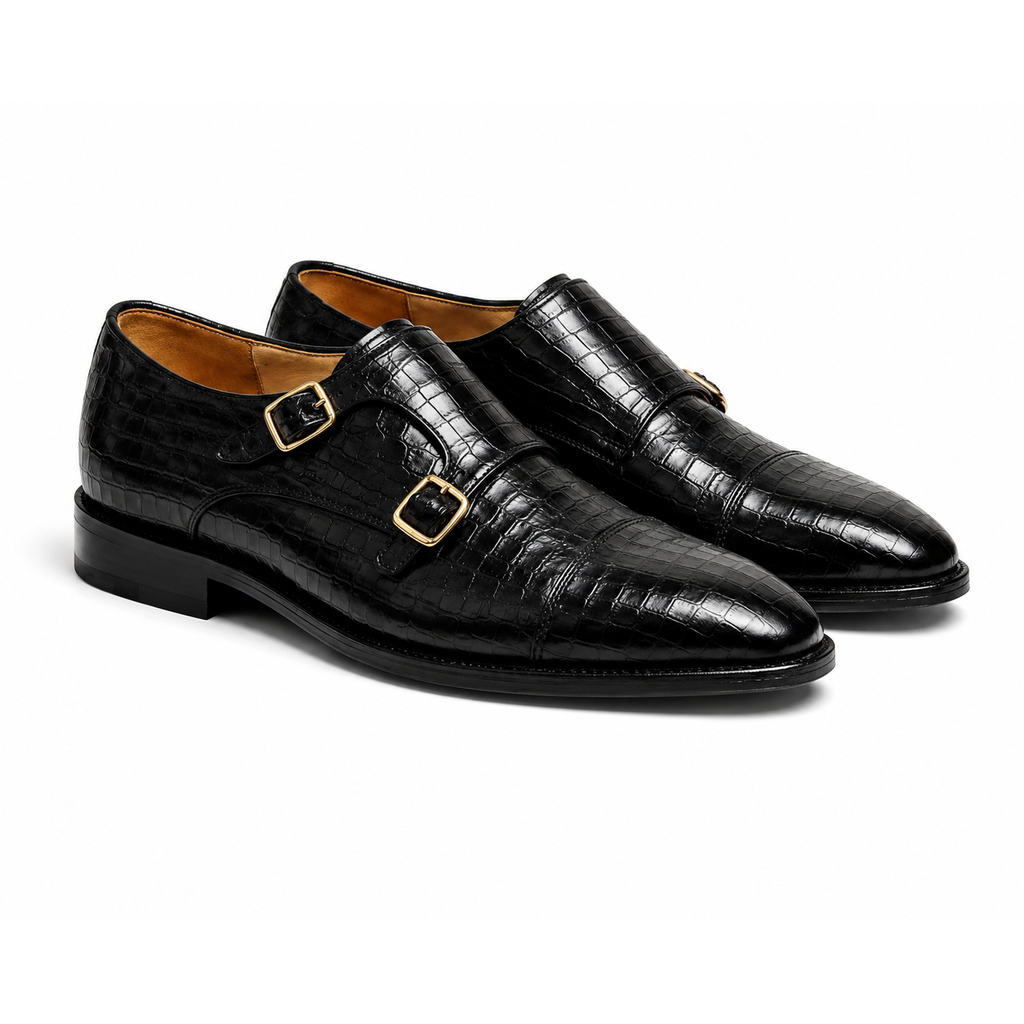 The Frankfurt - Black Crocodile-Embossed Monkstrape